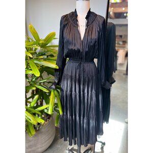 Wilfred (Aritzia) Dinette Dress Longsleeve plisse satin tiered maxi dress Small